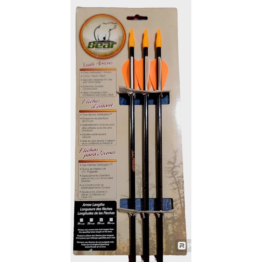 Bear Archery Youth Safetyglass Arrows‎ 3ea Per Card 28" Long 2.5" Plastic Fletch